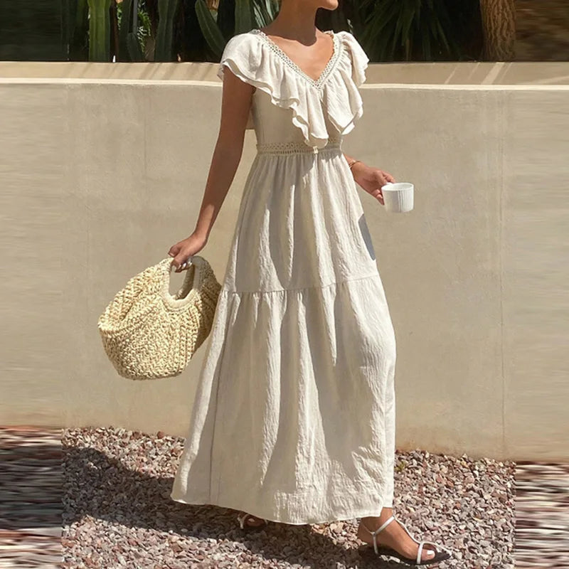 LIZAKOSHT  -  Fashion Double V-neck Solid Color Dress Elegant High Waist Hollow Out Party Dress Summer New Bohemian Style Beach Vacation Dress