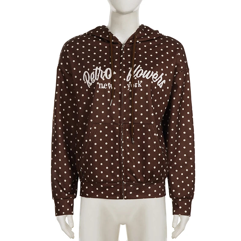 LIZAKOSHT  -  Retro Brown Polka Dot Print Hooded Sweatshirt Women Zip-Up hoodie Coats Clothes Women Autumn Going Out Outfit Streetwea