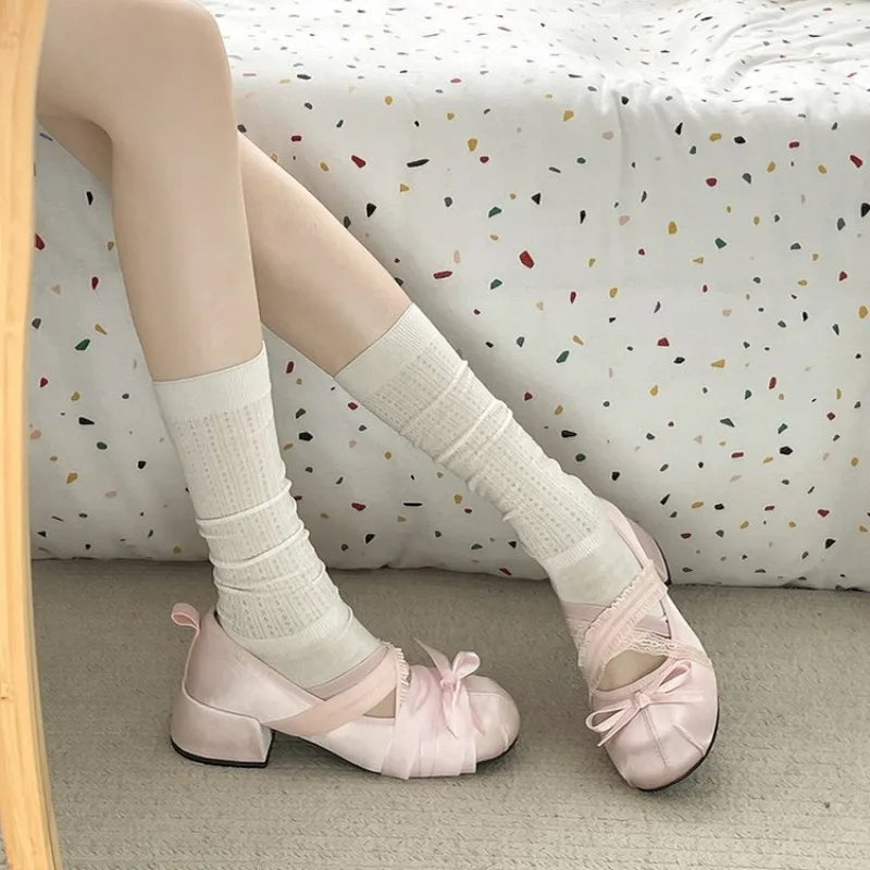 LIZAKOSHT  -  Lace Cross Strap Women Mary Jane Shoes Fashion Sweet Butterfly-knot Thick Heel Shoes Spring Autumn Ladies Elegant Dress Pumps