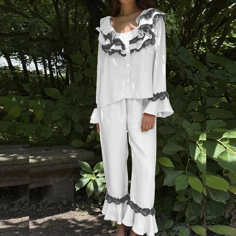 LIZAKOSHT  -  Women Satin Silk Pajamas Lace Trim Long Sleeve Turn Down Ruffles Button Up Blouse Tops + Pants Lounge 2 Pcs Set
