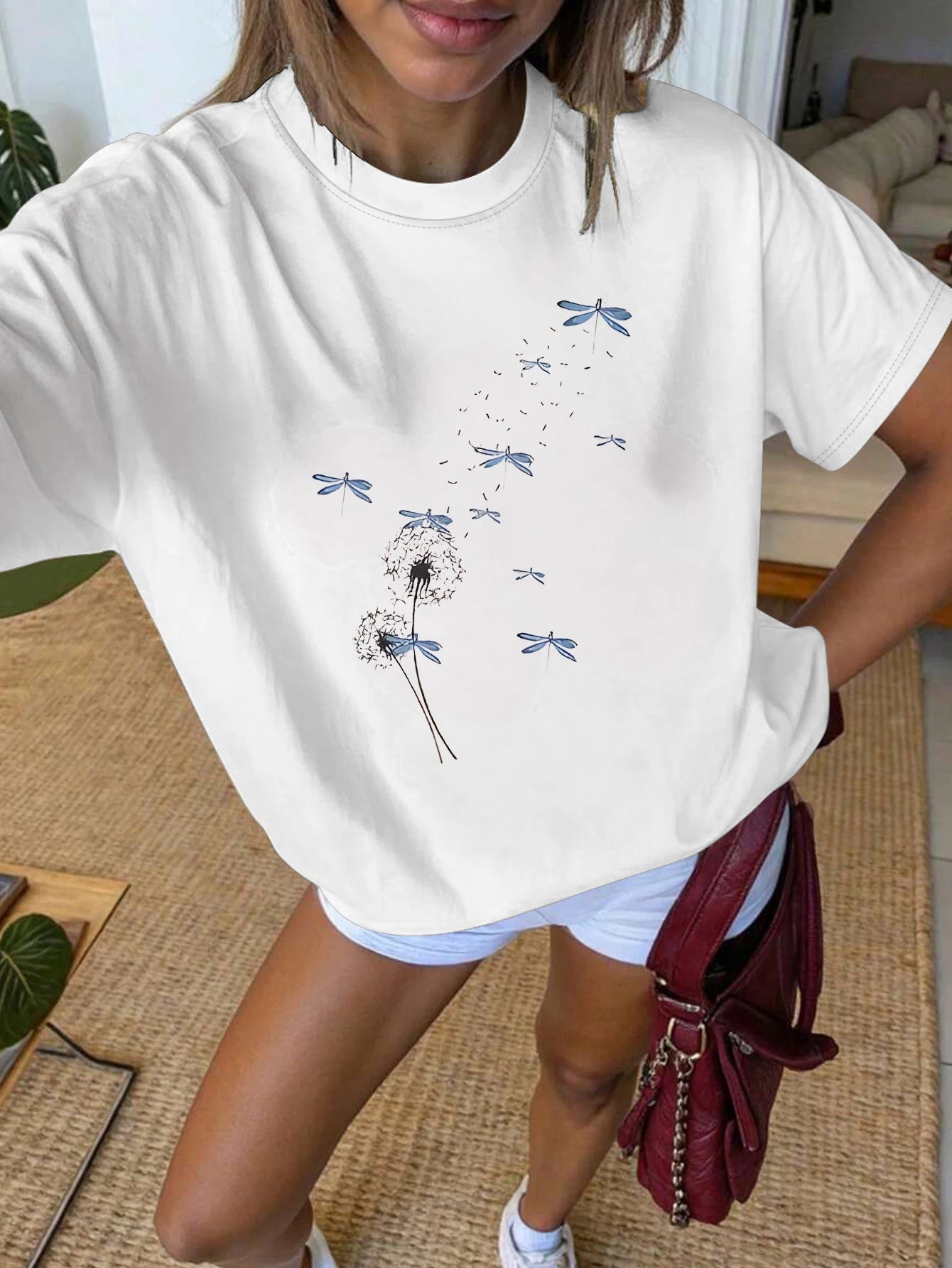 LIZAKOSHT  -  Plus Size Women's Round Neck Dandelion & Dragonfly Print Short Sleeve T - Shirt - Summer Fresh Casual Tops