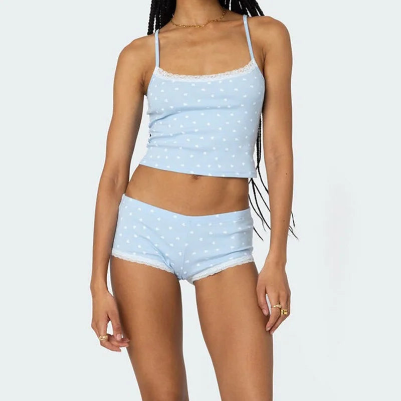 LIZAKOSHT  -  y2k Lounge Set Women Nightwear Heart Print Lace Trim Scoop Neck Crop Tops and Low Rise Mini Shorts 2 Piece Sleepwear