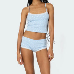 LIZAKOSHT  -  y2k Lounge Set Women Nightwear Heart Print Lace Trim Scoop Neck Crop Tops and Low Rise Mini Shorts 2 Piece Sleepwear