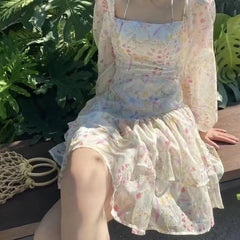 LIZAKOSHT  -  Sweet Women Floral Print Chiffon Dress Long Sleeve Square Neck Female Holiday Summer Dresses Spring Summer 2024 Short Robe