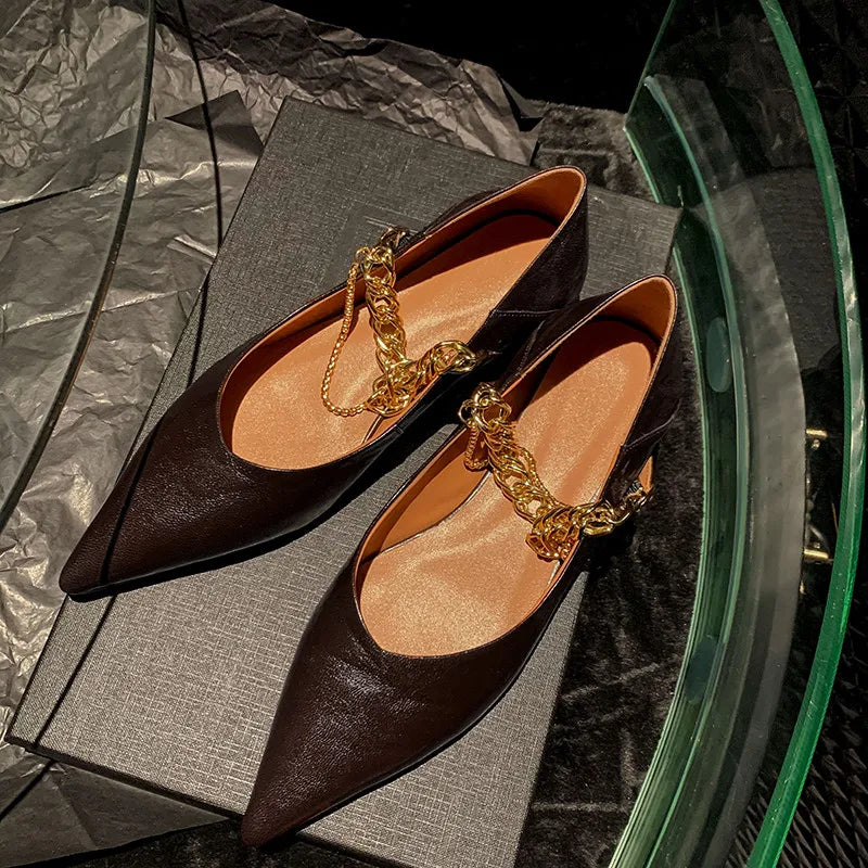 LIZAKOSHT  -  Fashion Pumps New High Quality Genuine Leather Chain Pointed Shallow Mouth Low Heel Women's Shoes Modern Commuter Shoes