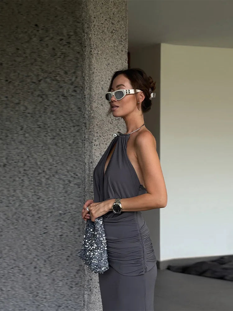 LIZAKOSHT  -  Jewelry Hanging Neck Long Dress Woman Solid Color Sleeveless Slim Backless Maxi Robes Sexy Fashion Women's New Vacation Dresses