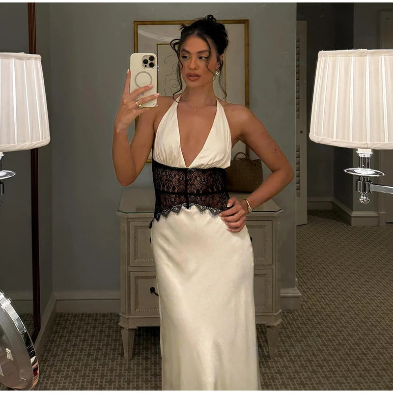 LIZAKOSHT  -  Patchwork Lace Long Dress For Women Deep V-neck Halter Sleeveless Draped Backless Robe 2025 Summer Elegant Female Party Dresses