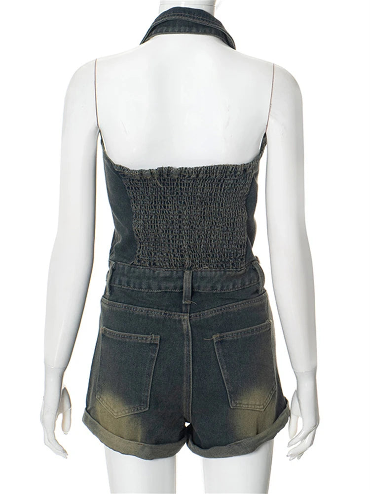 LIZAKOSHT  -  Summer Lapel Sleeveless Zipper Denim Romper Hipster Streetwear For Women 2024 Halter Backless Sexy Rolled Jeans Jumpsuit