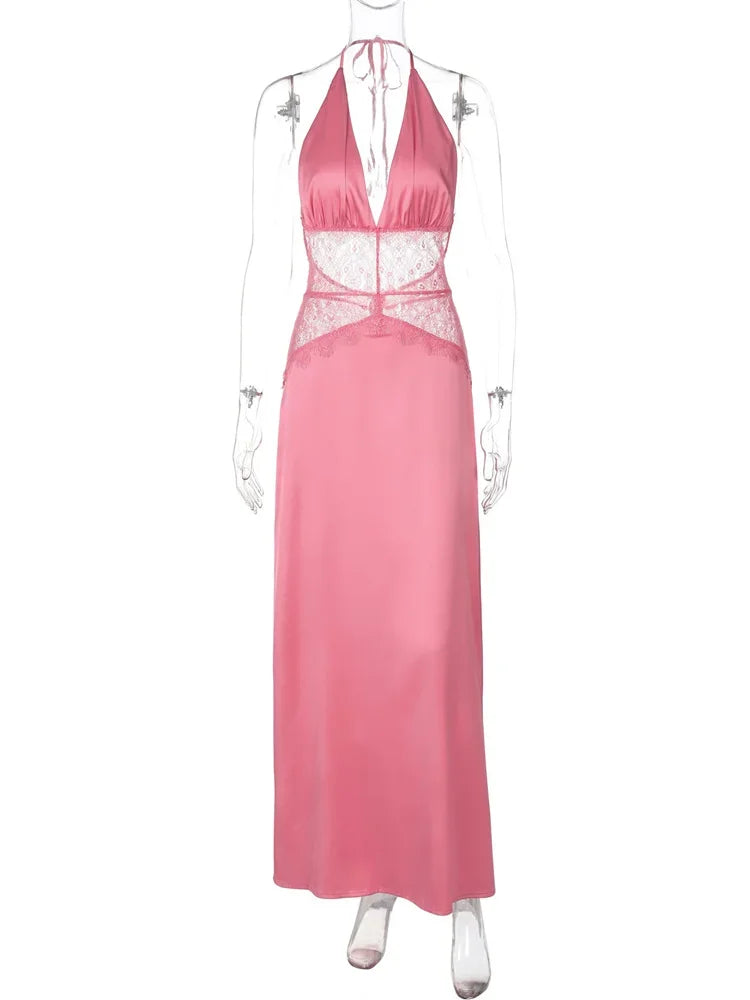 LIZAKOSHT  -  V-Neck Lace Patchwork Long Dress For Women See-Through Backless Lace-Up High Waist Party Dress Female Bandage Maxi Dress