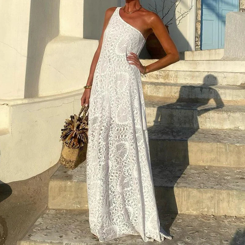 LIZAKOSHT  -  Elegant Temperament Boho Holiday Dress Ladies Sexy Slanted Collar Lace Long Dress Casual Summer Hollow Sleeveless Evening Dress