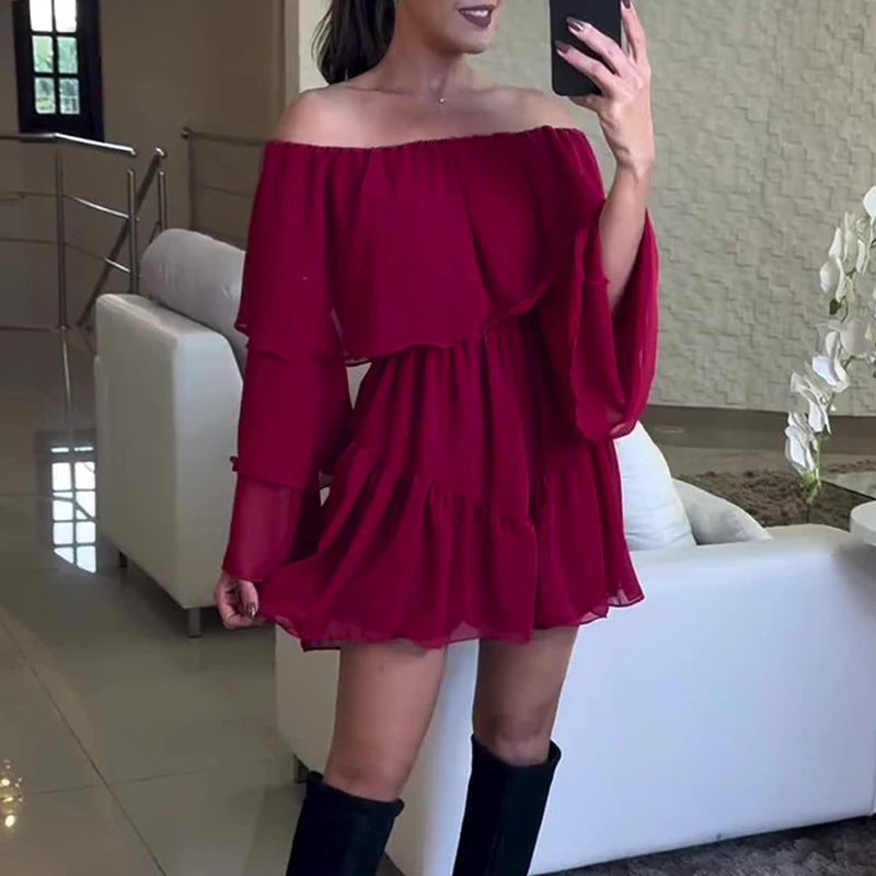 LIZAKOSHT  -  Autumn Retro Long Flare Sleeve A-line Dress Women 2024 One Shoulder Ruffles Patchwork Mini Dress All Match Elastic Party Dress