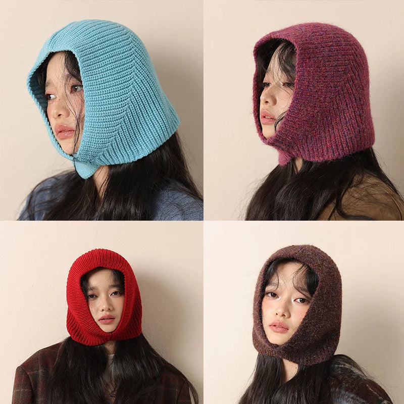 LIZAKOSHT  -   Knitted Headscarf Hat for Adults Solid Color Winter Integrated Hood Neck Face Cover Stretchy Windproof Balaclava Ski Hat 56-58cm