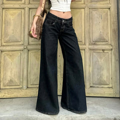 LIZAKOSHT  -  Retro Black Loose Wide Leg Denim Jeans Women's All-Match Low Waist Trousers Y2K Streetwear Denim Trousers Casual Outfit
