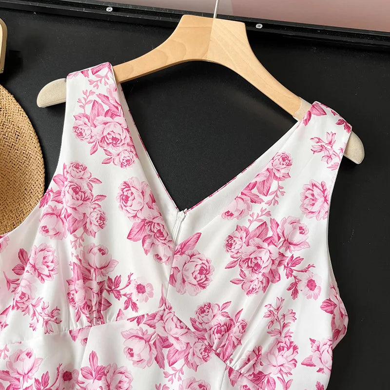 LIZAKOSHT  -  Printed Dress European and American Women's Summer Holiday Style Fashion V-neck Shoulder Strap