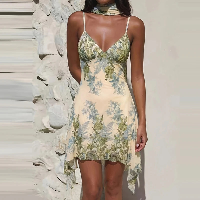 LIZAKOSHT  -  Fashion Print Off Shoulder Slim Dress Temperament Irregular Sleeveless Mini Dress Sexy Straps Backless High Waist Vacation Dress