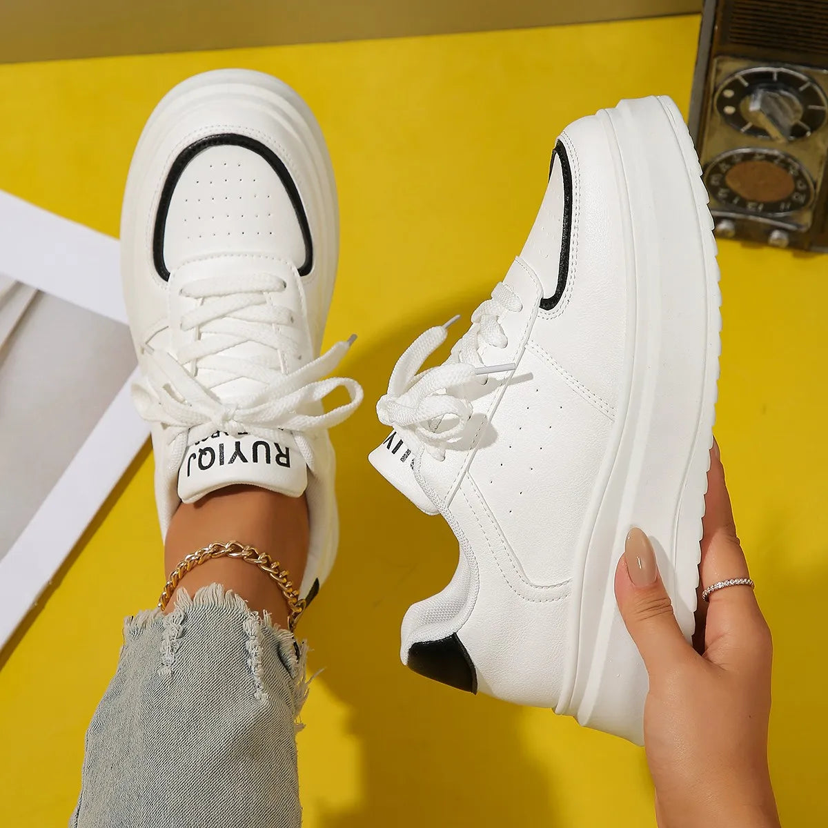 LIZAKOSHT  -  Korean Style Men's Casual White Shoes Lace-up Flats Oxfords Shoe Original Leather Platform Sneakers Youth Street Footwear