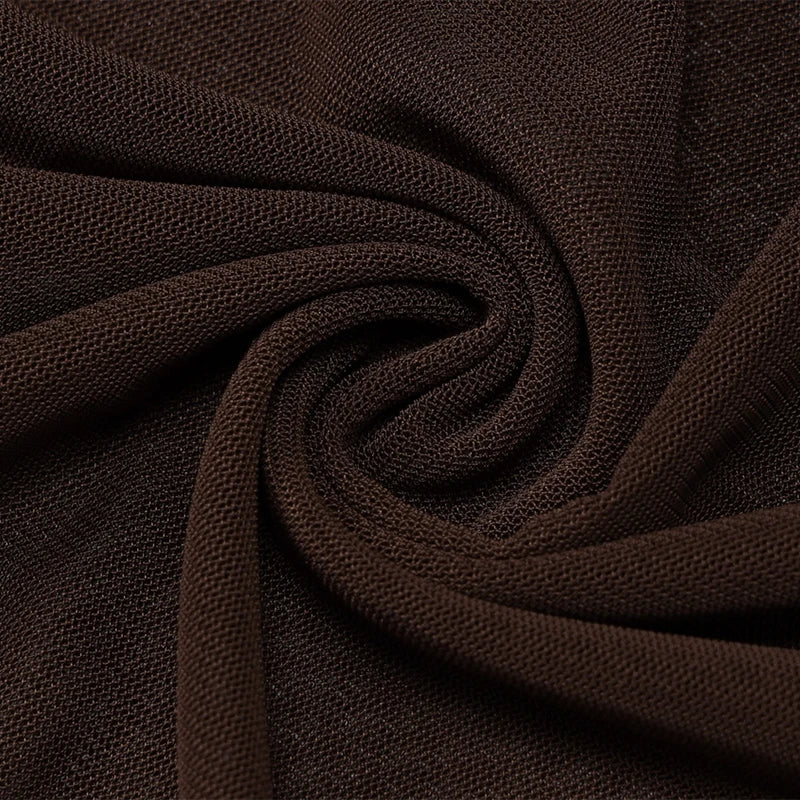 LIZAKOSHT  -  Solid Strapless Mesh Patchwork Hem Semi-sheer Fashion Vintage Brown Backless Sleeveless Bodycon Pleated Maxi Dress Clubwear