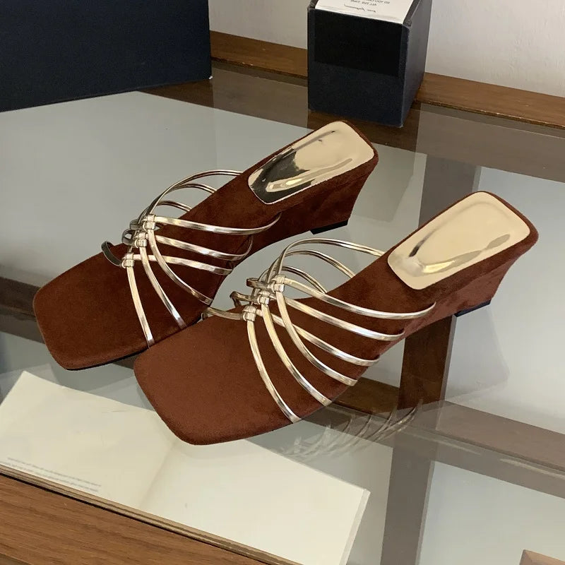 LIZAKOSHT  -  Summer Square Toe Narrow Band Women Slippers Designer Wedges High Heels Party Slides Shoes Zapatos De Mujer
