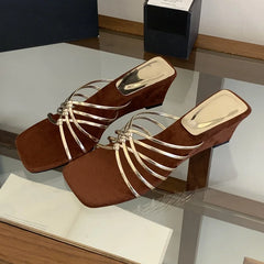 LIZAKOSHT  -  Summer Square Toe Narrow Band Women Slippers Designer Wedges High Heels Party Slides Shoes Zapatos De Mujer