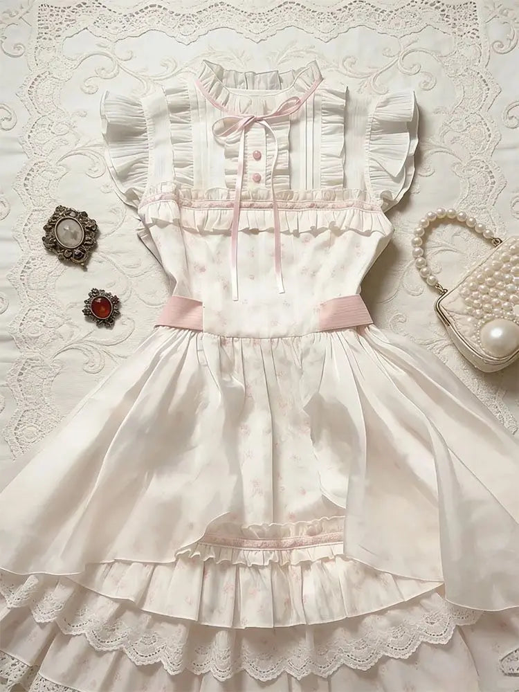 LIZAKOSHT  -  Vintage Japanese Print Elegant Sweet Slim Sleeveless Dress Summer New Designer Kawaii Warm Lace Pretty Bow Women's Dresses