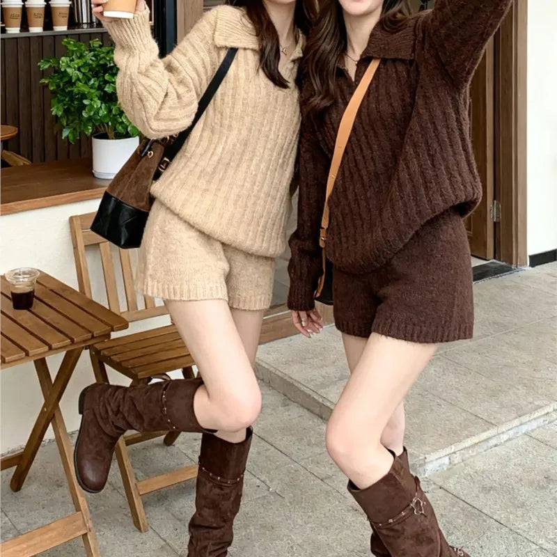 LIZAKOSHT  -  New In Matching Sets Two Piece Outfits 2 Pieces Set For Woman All-match Loose Simple  Sweater Comfortable Shorts Knitted