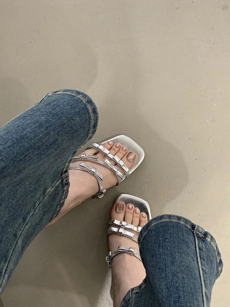 LIZAKOSHT  -  Leopard Narrow Strap Women Slippers 2025 Summer Fashion Party Thin Heel Satin Slide Sandals Sexy Square Toe Bowknot Mule Shoes