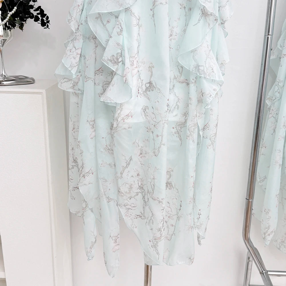 LIZAKOSHT  -  Sweet Lolita Chiffon Midi Dress Women Floral Print Ruffle Layered Halter Strapless Beach Vacation Japanese Fashion Casual Outfit