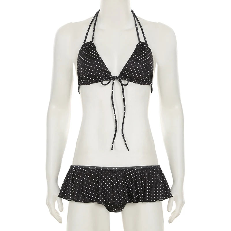 LIZAKOSHT  -  Women Polka Dot Bikini Set Beaches Style Lace-up Halter Camisole and Ruffled Triangle Pants Two Piece Set Vacation