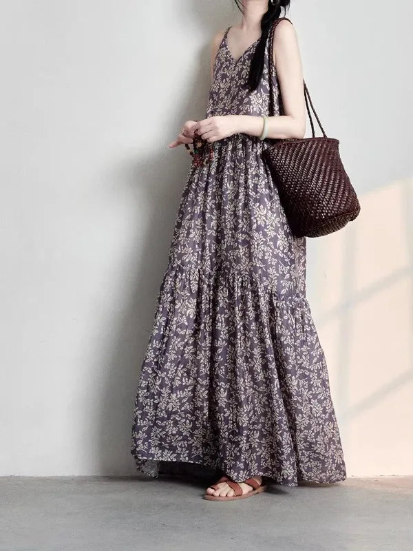 LIZAKOSHT  -  Elegant Summer Cotton Maxi Dress Women's Clothing Printed Artistic Holiday Style Off-Shoulder Gown Sweet A-Line Skirt