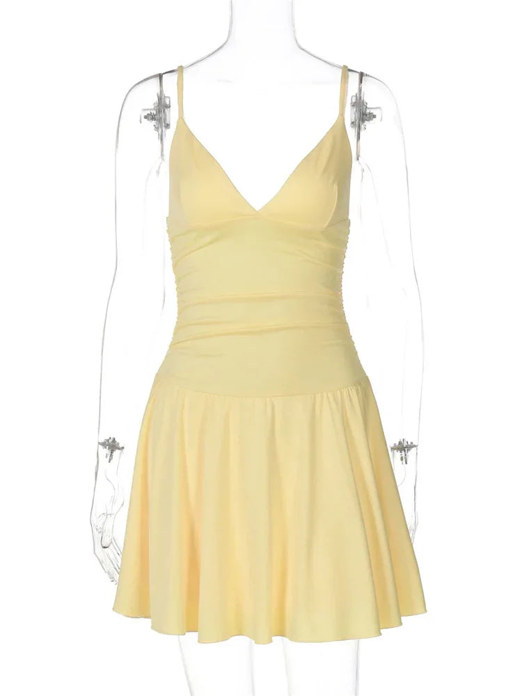 LIZAKOSHT  -  Summer V-Neck Backless Mini Dress Women's Patchwork High Waist Solid Spaghetti Slim Party Dress Lace-Up Solid Party Dress
