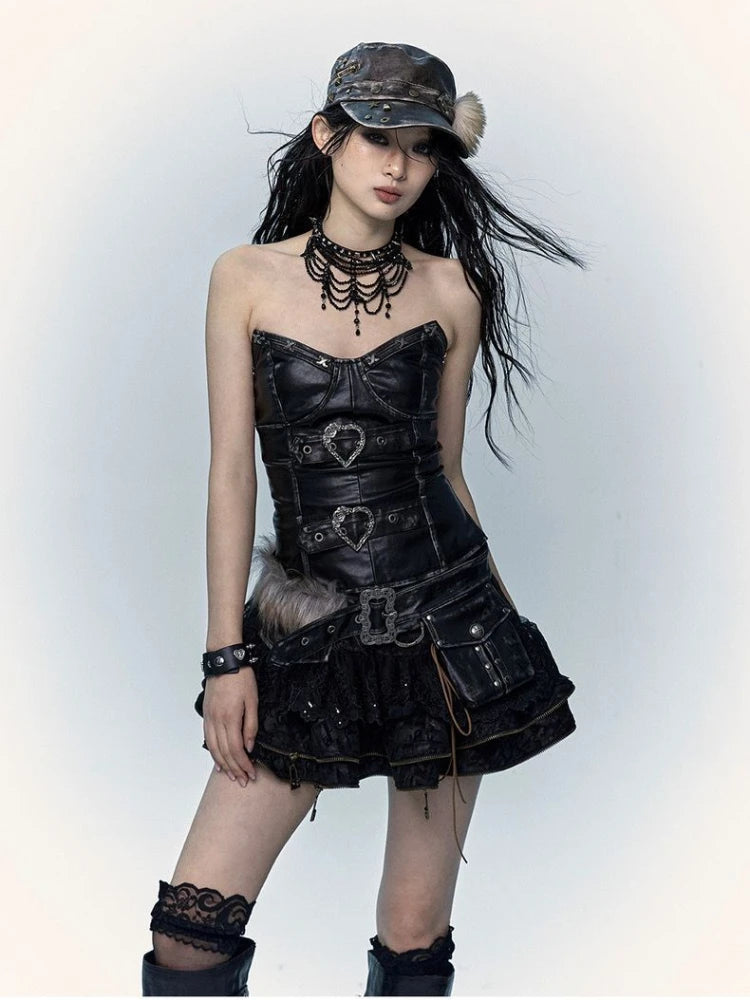LIZAKOSHT  -  Spring Gothic Vintage Skinny Dark Punk 2 Piece Sets Women Hot Girl Y2k Slim Tops +Ruffle Design Mini Skirt Female Chic Outfits