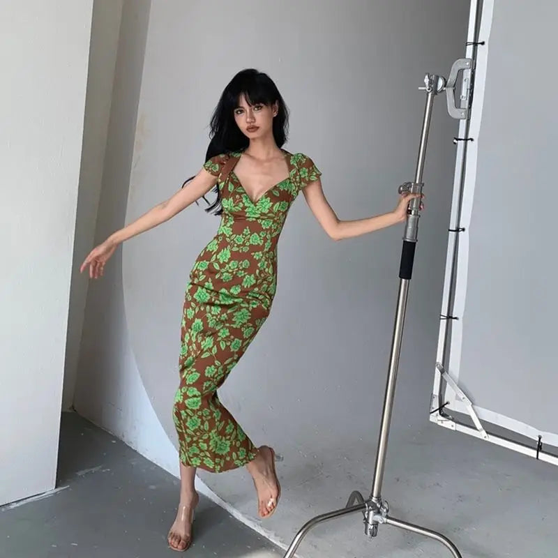 LIZAKOSHT  -  Sexy Elegant Girl Deep V-neck Fishtail Style Printed Dress Long Dress New Summer