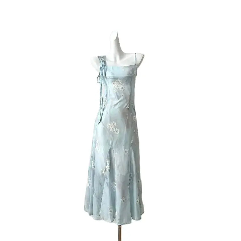 LIZAKOSHT  -  Midi Dress Blue Tie Dye Lace Up Floral Print Sleeveless Women Casual Spaghetti Strap Elegant Summer Slim Long Dress