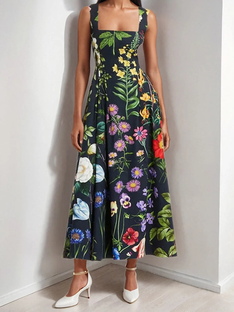 LIZAKOSHT  -  Women Elegant Flower Print Holiday Dress Fashion Hight Waist Sleeveless Bohemian Dress 2025 Sexy Off Shoulder A-Line Long Dress