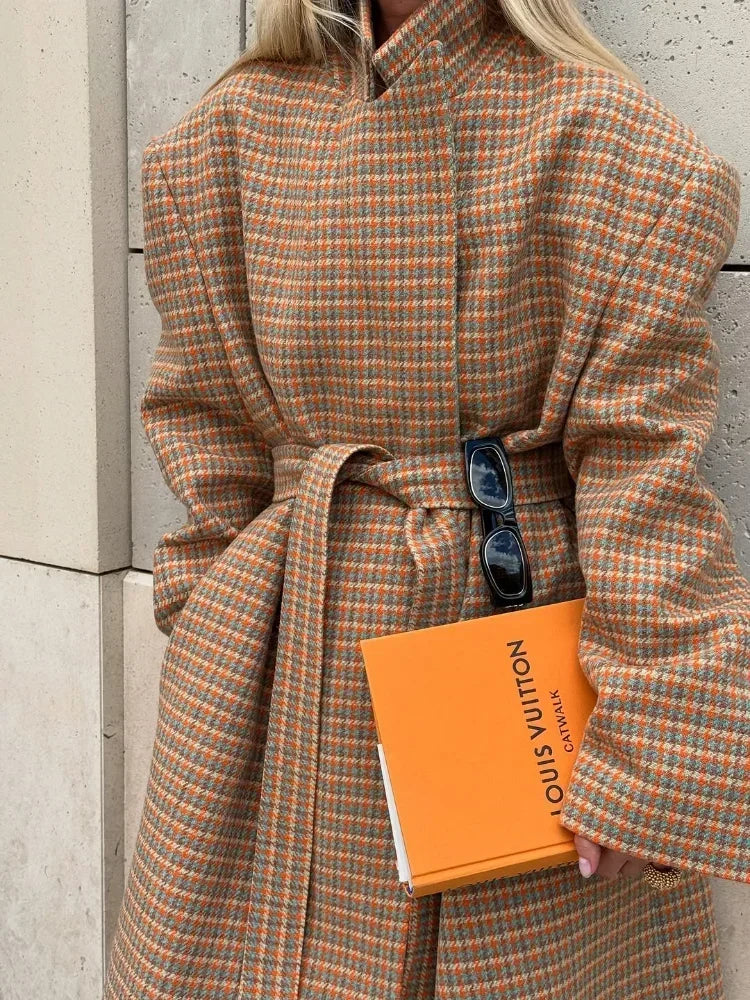 LIZAKOSHT  -  Women Checkered Coat Elegant Stand Collar Belted Long Loose Outerwear New Autumn Fashion Street Office Commute Lady Overcoat