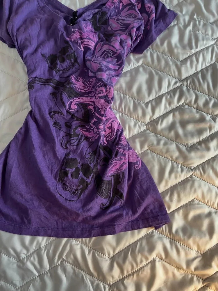 LIZAKOSHT  -  2000s Subculture Vintage Purple Print T-Shirt Women Y2k American Retro Slim Tees Summer 90s Grunge Casual Harajuku Fashion Tops