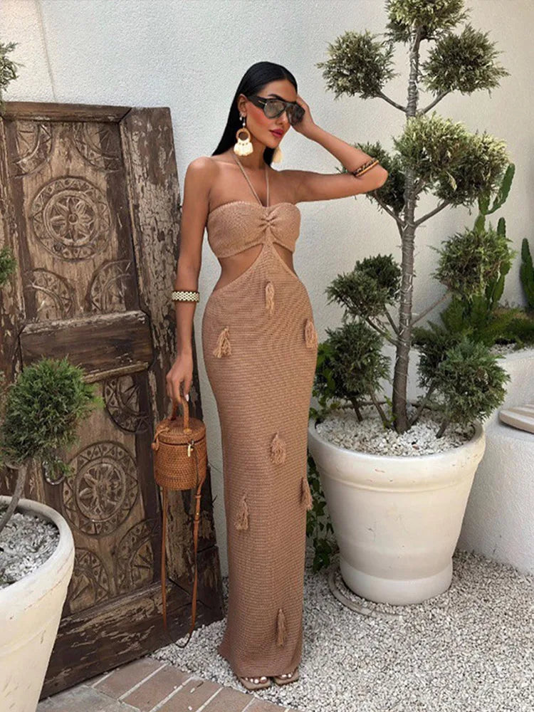 LIZAKOSHT  -  Knitted Halter Hollow Out Long Dress Women Backless Sleeveless Tassels Vacation Long Dresses Beach Solid Street Summer Robe