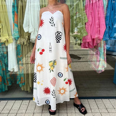 LIZAKOSHT  -  Women Graphic Strapless Long Tube Dress Vintage Off Shoulder Backless Maxi Dress Flowy Summer Holiday Beach A-line Dress