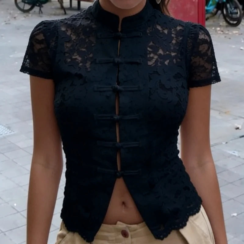 LIZAKOSHT  -  Y2k Lace Hollow Out Shirts Cardigan Women's Short Sleeve See-Through Patchwork Commute Top Female Summer Lace Blouses
