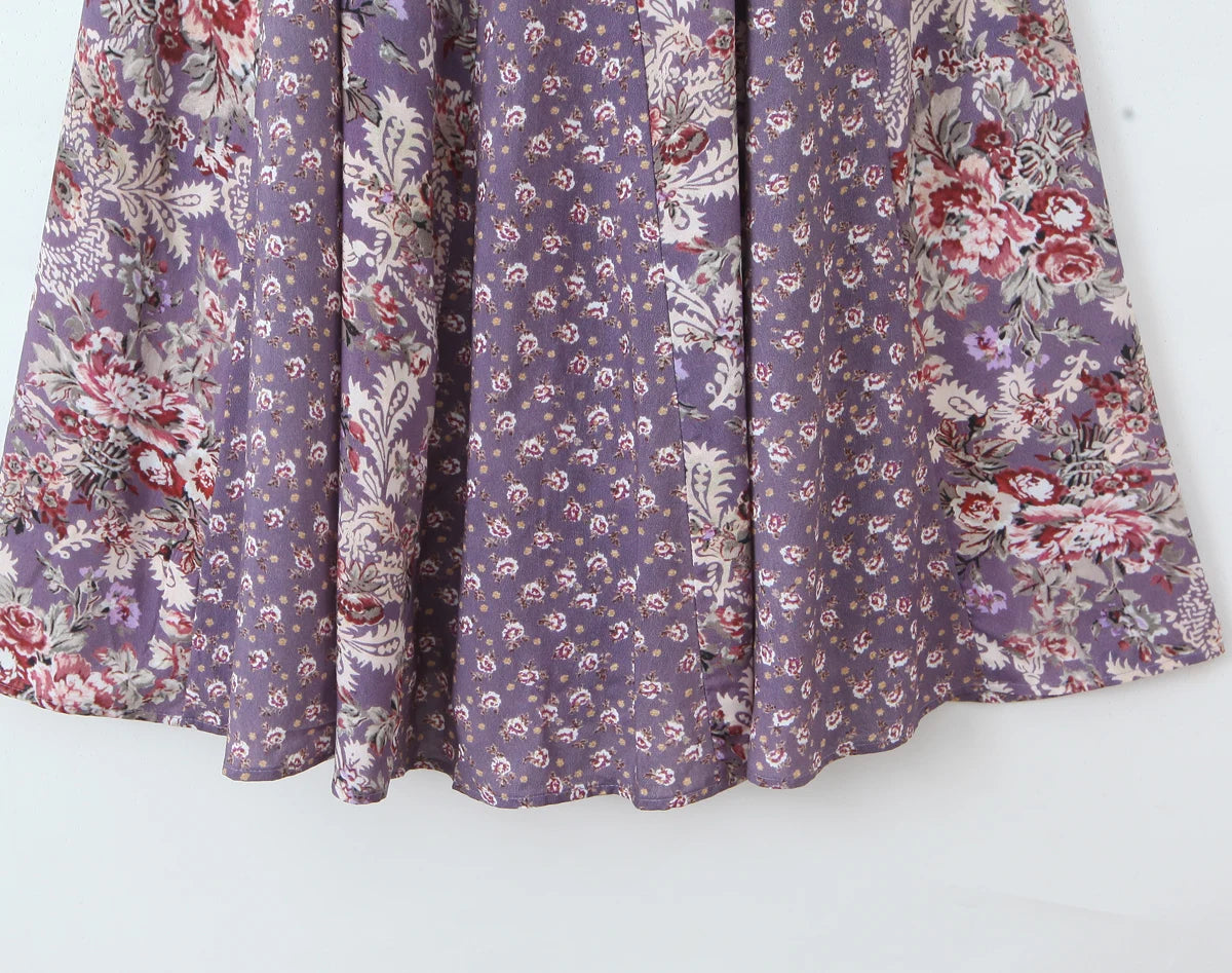 LIZAKOSHT  -  Holiday Purple Paisley Floral Print Sling Dress Women Bow O neck Cross bandage Back Zipper Low Waist Swing Dresses Vestidos Robe