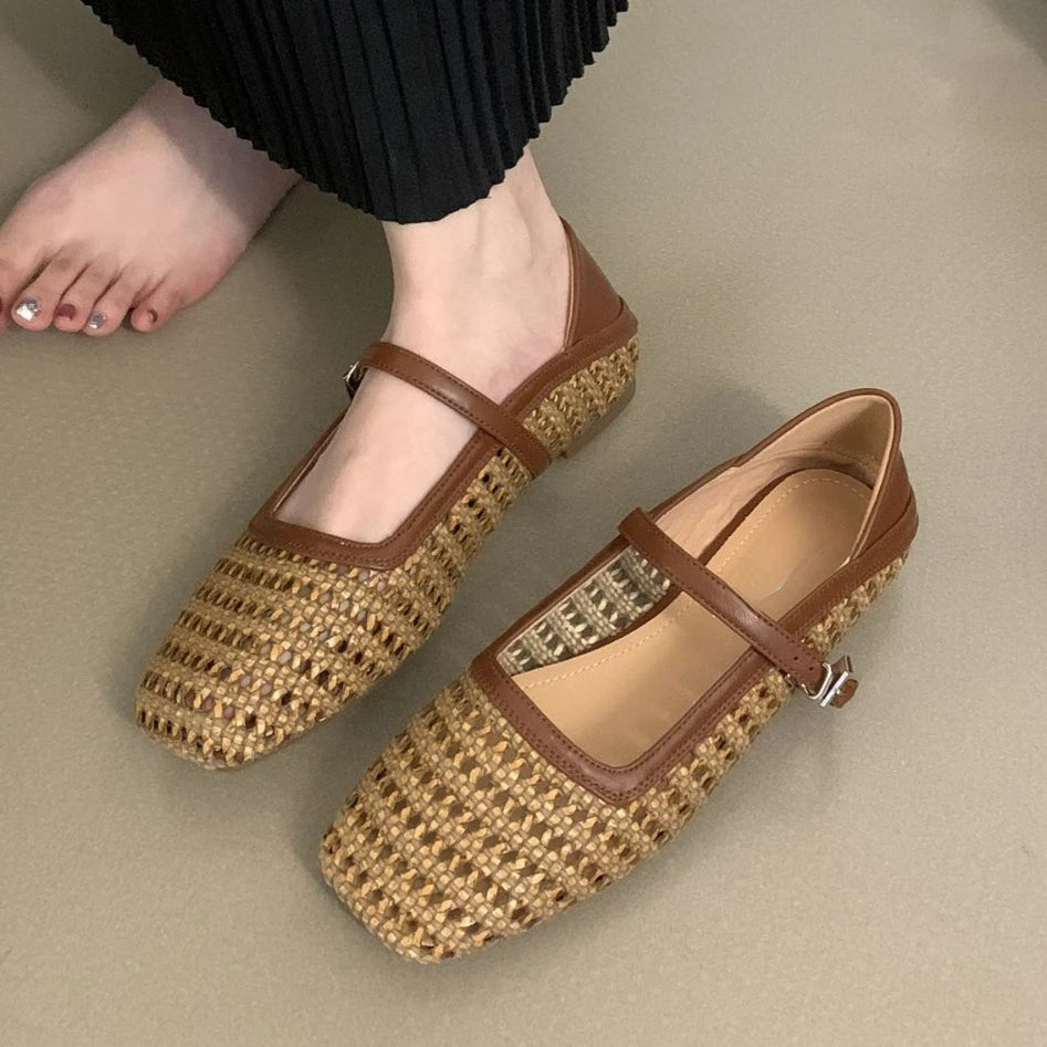 LIZAKOSHT  -  Braided Flat Ballet Shoes Square Toe Mary Jane Shoe Women Comfy Breathable Summer New Casual Retro Skeleton Balleting Shoes
