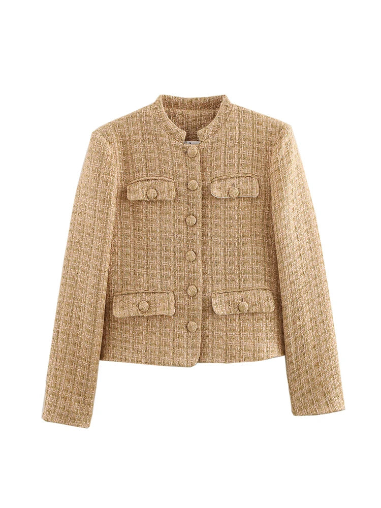 LIZAKOSHT  -  Vintage Women Elegant Tweed Golden Jacket Fashion Ladies Slim Single Breasted Jackets for Party Female Chic Outfits Cute