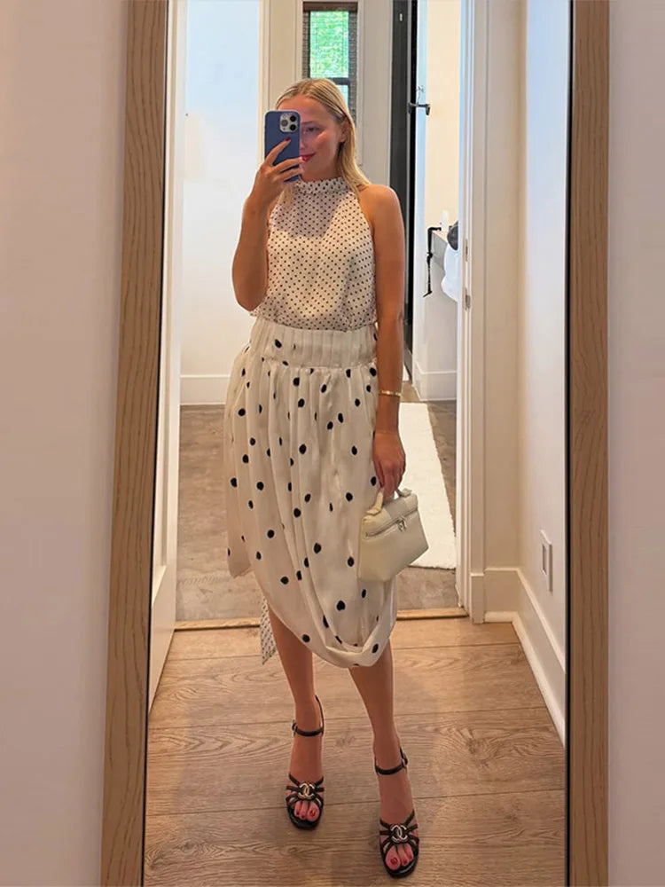 LIZAKOSHT  -  Dot Print Skirts Suits Women Halter Lace Up Sleeveless Irregular Sets Female 2025 Summer Fashion Chic Elastic Waist Street Set