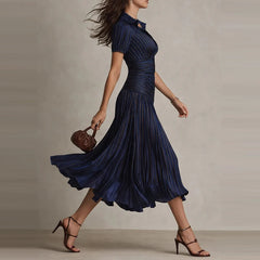 LIZAKOSHT  -  Temperament Lapel Short Sleeve Commute Dress Elegant Lady High Waist Pleated Dress Summer New Solid Color Simple Party Dresses