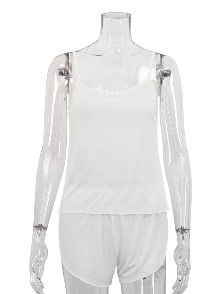 LIZAKOSHT  -  Loose Ladies Sleepwear 2 Piece Set Spaghetti Strap Pajamas Tank Tops Nightgowns Shorts Causal Female Nightwear Suits