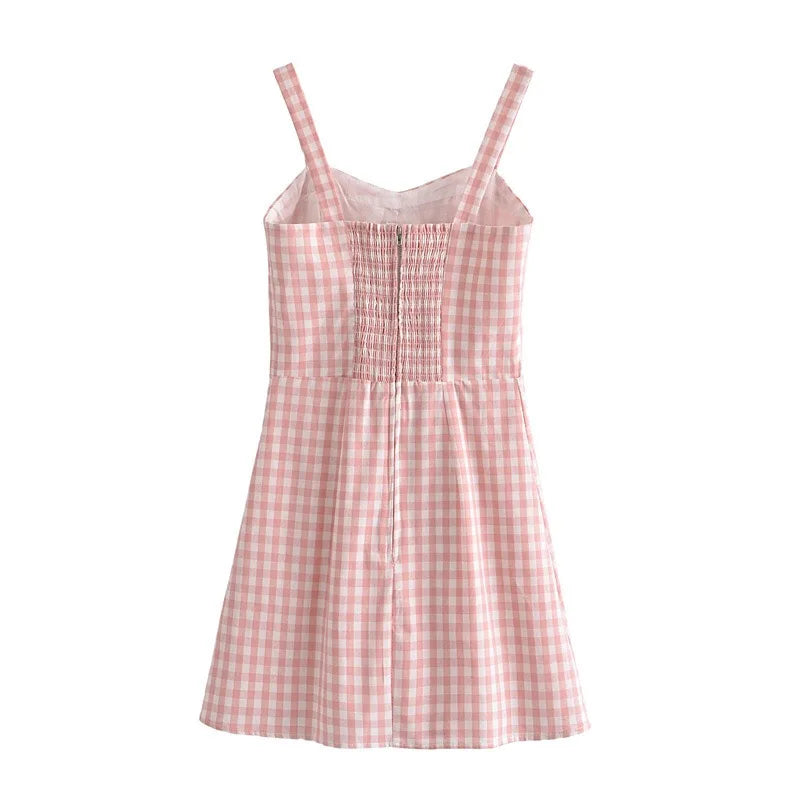 LIZAKOSHT  -  Retro French Pink Gingham Plaid Print Sling Dress Sexy Summer Woman Backless Spaghetti Strap Dresses Strapless Holiday Robe