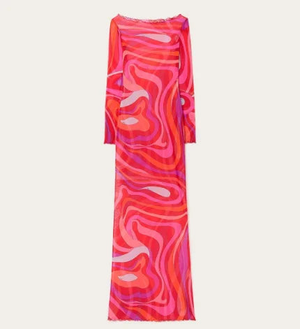 LIZAKOSHT  -  Sexy Women's Sheer Mesh Bodycon Maxi Dress Chic Print Sleeveless Slim Fit Beach Vacation Long Dresses Casual Daily Female Outfit