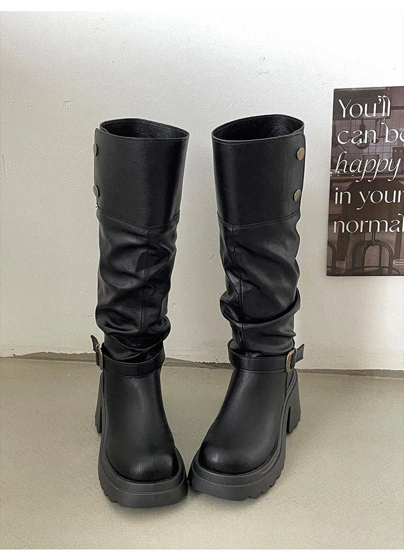 LIZAKOSHT  -  Winter Punk Style Woman Platform Knight Boots Fashion Belt Buckle Shoes Ladies Concise Height Increase Long Booties