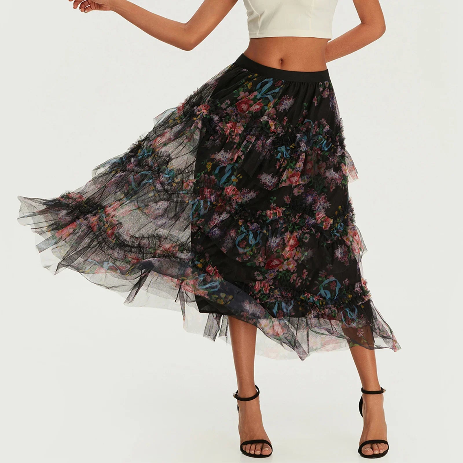 LIZAKOSHT  -  Early Fall Floral Print Ruffle Mesh Skirt Women Irregular Flowy A-line Midi Skirt for Travel, Beach, Shopping