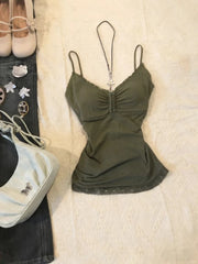 LIZAKOSHT  -  Vintage Hot Girl Women's Lace Skinny Camisole Sexy Y2k Thin Aesthetic Hepburn Patchwork Tees Summer Fashion Slim Green Slip New